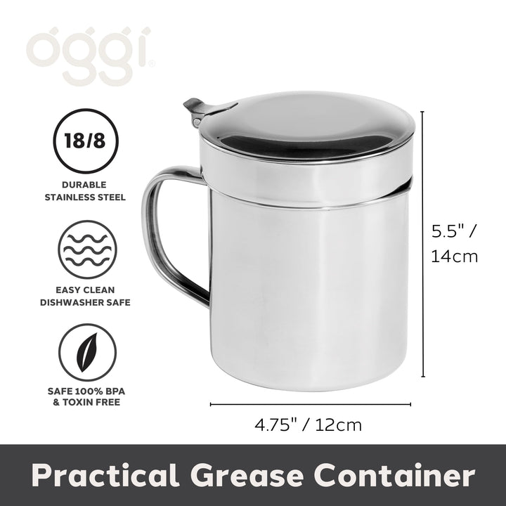 OGGI Stainless Steel Grease Container with Handle, Removable Strainer and Flip Top Lid. Perfect container for fryer oil, bacon drippings, lard and ghee oil. Can capacity - 0.25 Gall / 1 Qt / 0.95 Lt 1 Quart