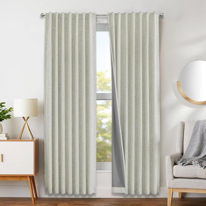 Joydeco 100% Black Out Curtains 63 inch Long 2 Panels Burg Natural Blackout Linen Drapes for Bedroom Living Room Darkening Curtain Thermal Insulated Back tab Rod Pocket(37x63 inch,Sage Green) Sage Green 37"W x 63"L (Pack of 2)