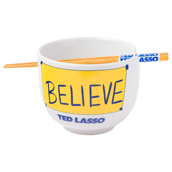 Silver Buffalo Ted Lasso Believe Ceramic Ramen Bowl with Chopsticks, 20 Ounces, White/Multi Cartoon