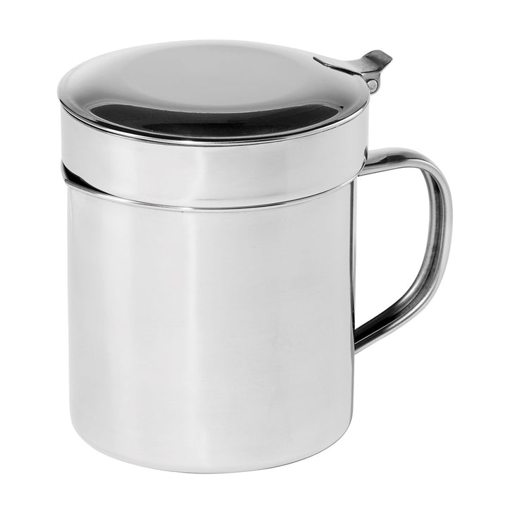 OGGI Stainless Steel Grease Container with Handle, Removable Strainer and Flip Top Lid. Perfect container for fryer oil, bacon drippings, lard and ghee oil. Can capacity - 0.25 Gall / 1 Qt / 0.95 Lt 1 Quart