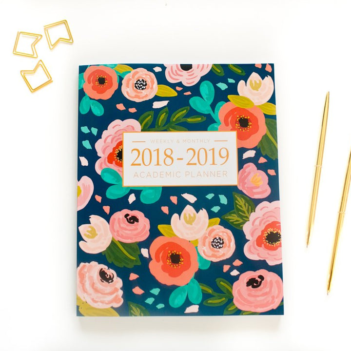 2018-2019 Academic Planner Weekly And Monthly: Calendar Schedule Organizer and Journal Notebook With Inspirational Quotes And Navy Floral Lettering Cover (August 2018 through July 2019)