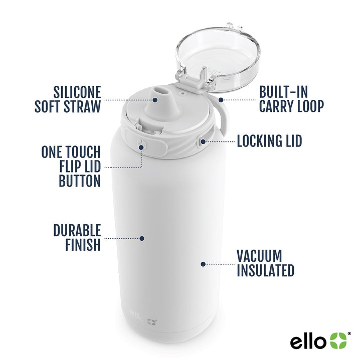 Ello Cooper Stainless Steel Water Bottle with Straw and Carry Handle, Double Walled and Vacuum Insulated Metal, Leak Proof Locking Lid with Soft Silicone Spout, Reusable, BPA Free, 22oz, 32oz, 40oz White