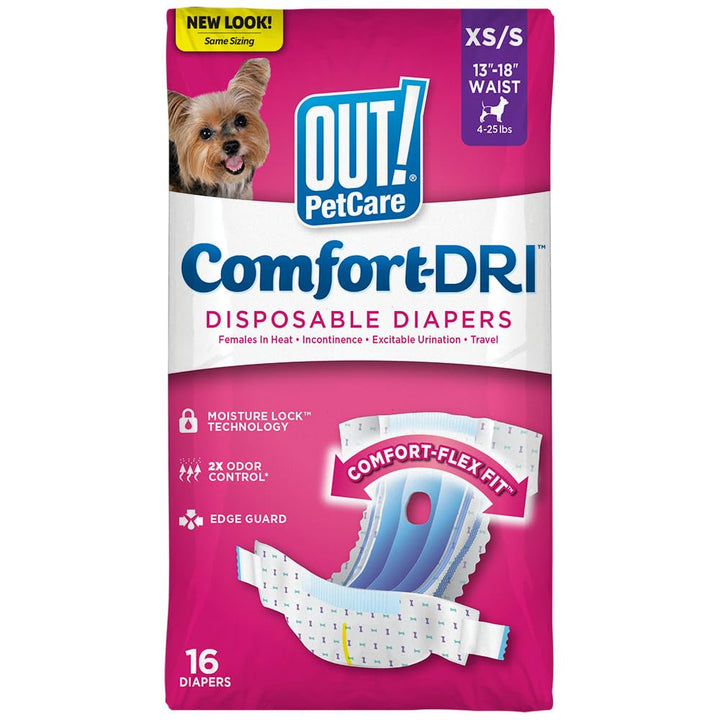 OUT! Petcare Disposable Dog Diapers for Female Dogs, Dog Heat Diapers, Female Dog Period Pads, Female Doggy Diaper for Peeing, Pet Diapers for Small Pets,18”-25” Waist, Medium/Large – 14 Count M/L