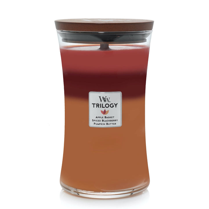 WoodWick Large Hourglass Candle, Autumn Harvest - Premium Soy Blend Wax, Pluswick Innovation Wood Wick, Made in USA Autumn Harvest Trilogy