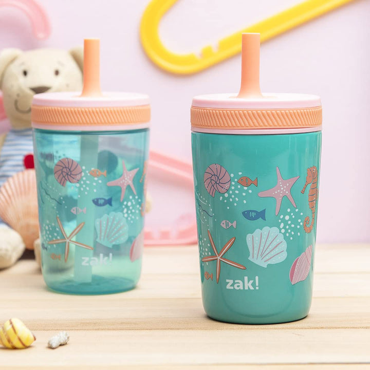 Zak Designs Shells Kelso Tumbler Set, Leak-Proof Screw-On Lid with Straw, Bundle for Kids Includes Plastic and Stainless Steel Cups with Bonus Sipper (3pc Set, Non-BPA) 15 fl.oz. Classic