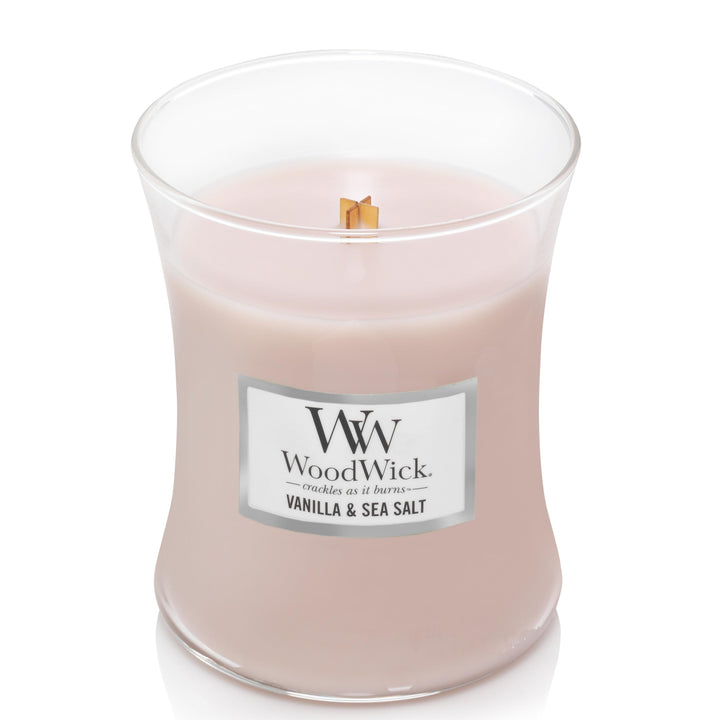 WoodWick Medium Hourglass Candle, Vanilla Sea Salt - Premium Soy Blend Wax, Pluswick Innovation Wood Wick, Made in USA Vanilla & Sea Salt