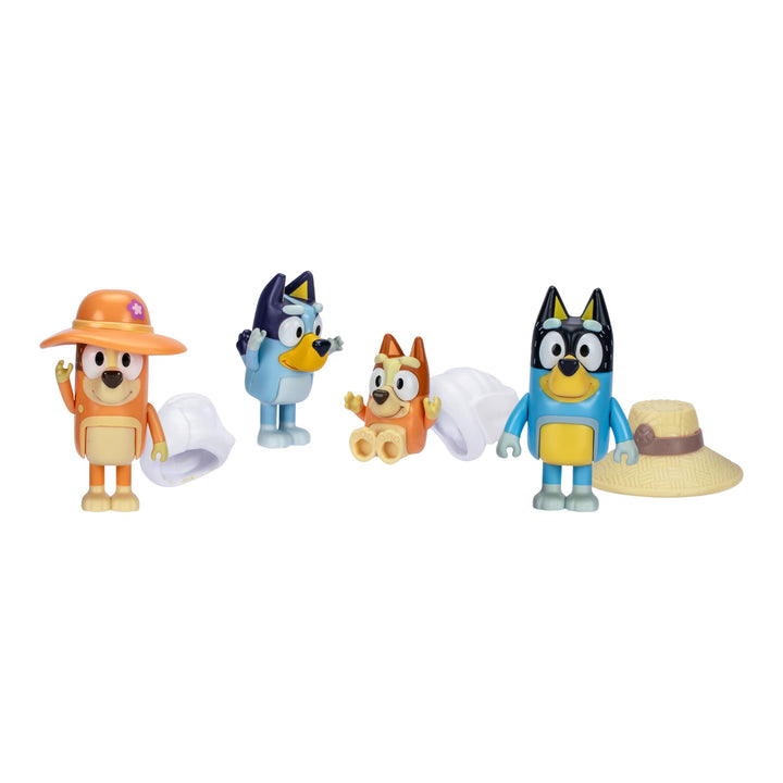 Bluey Figure 4-Packs, Family Trip, 2.5 Inch Poseable Figures of Bluey, Bingo, Bandit and Chilli, with Accessories, Kids Can Recreate Their Favorite Moments from The Bluey TV Show