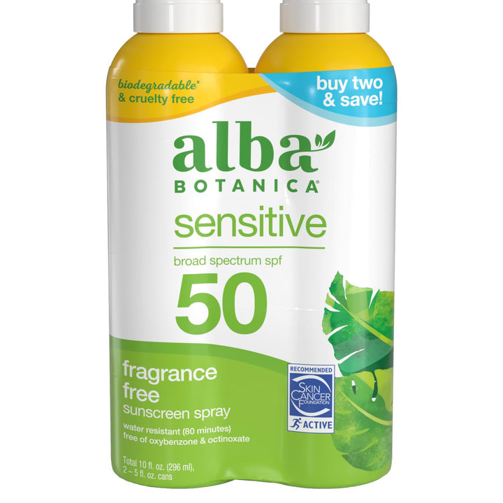 Alba Botanica Sensitive Sunscreen Spray for Face and Body, Fragrance-Free, Broad Spectrum SPF 50, Water Resistant, 5 fl oz Bottle (Pack of 2)