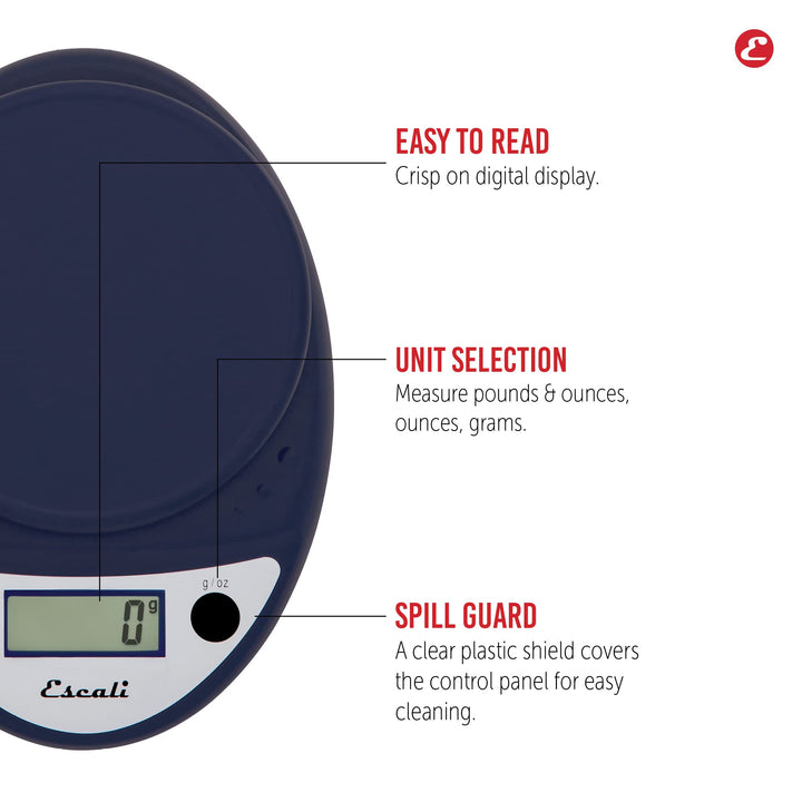 Escali Primo Digital Food Scale Multi-Functional Kitchen Scale and Baking Scale for Precise Weight Measuring and Portion Control, 8.5 x 6 x 1.5 inches, Royal Blue