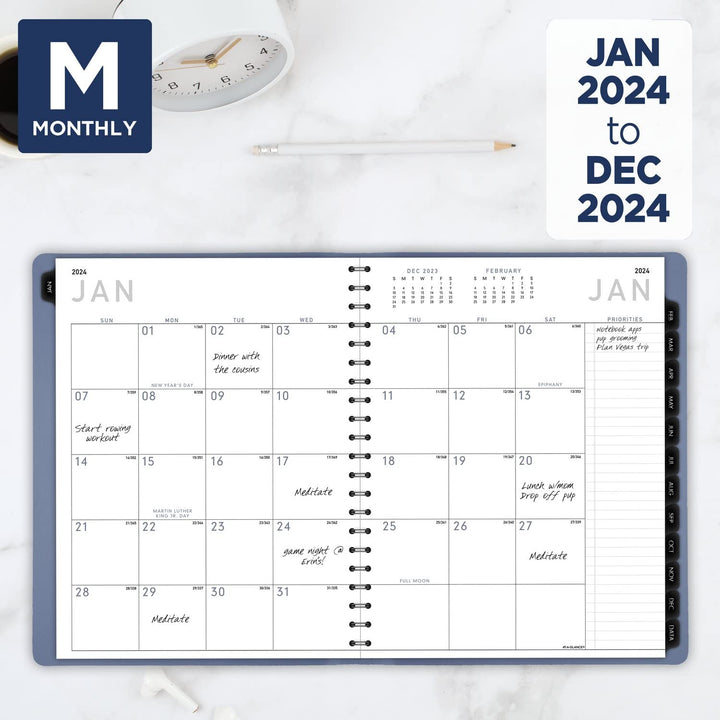 AT-A-GLANCE 2024 Weekly & Monthly Planner, 8-1/4" x 11", Large, Monthly Tabs, Faux Leather, Contemporary Lite, Slate Blue (70940X2024)