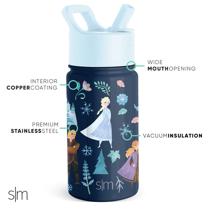 Simple Modern Disney Frozen Kids Water Bottle with Straw Lid | Reusable Insulated Stainless Steel Cup for Girls, School | Summit Collection | 14oz, Anna and Elsa