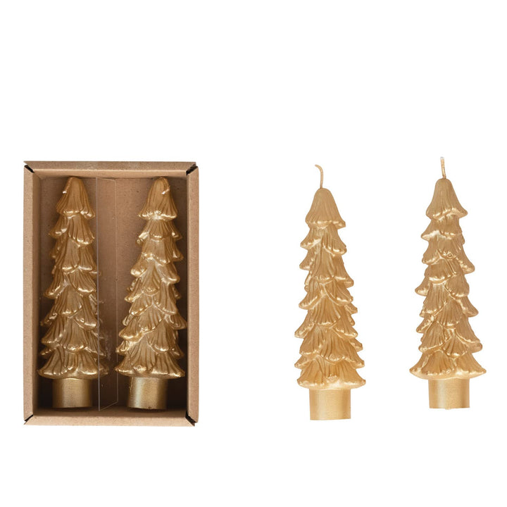 Creative Co-Op Unscented Textured Tree Shaped Taper Candles with Gold Tips in Box, Blue, Set of 2 Gold/Blue 5"