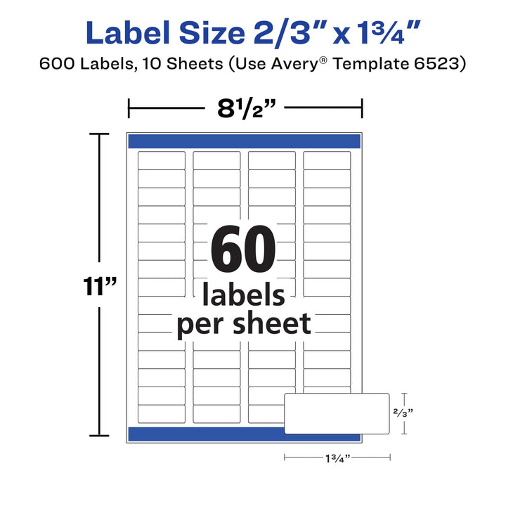 Avery Return Address Labels with Sure Feed and Easy Peel Technology, Glossy White Labels, 2/3" x 1-3/4", Permanent Adhesive, Laser/Inkjet, 600 Glossy Labels (6523) 600 labels 2/3" x 1-3/4"