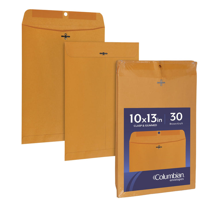 Columbian 10 x 13 Clasp Envelopes, Gummed, 28 lb Brown Kraft, for Mailing Flat Letter Size Documents or Photos, Bulk Pack, 30 Per Pack (COLO405)