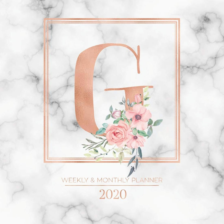 Weekly & Monthly Planner 2020 G: Rose Gold Marble Monogram Letter G with Pink Flowers (7.5 x 9.25 in) Vertical at a glance Personalized Planner for Women Moms Girls and School