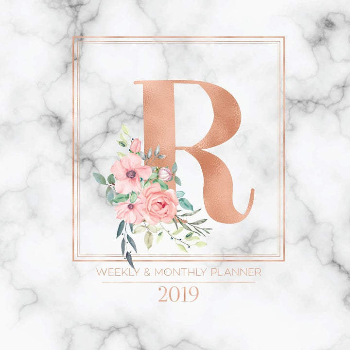 Weekly & Monthly Planner 2019: Rose Gold Monogram Letter R Marble with Pink Flowers (7.5 x 9.25”) Horizontal at a glance Personalized Planner for Women Moms Girls and School