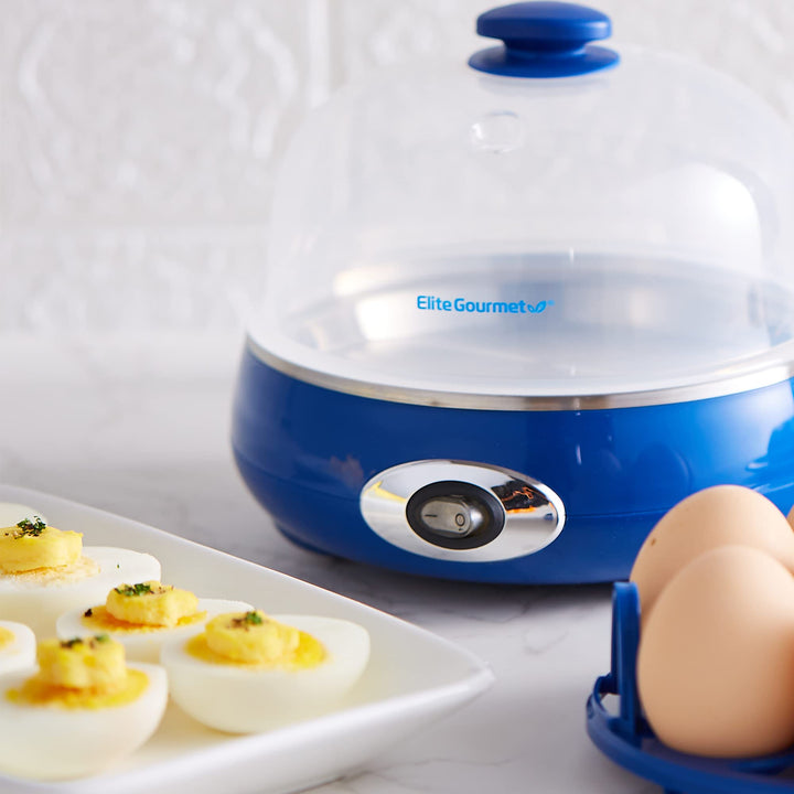 Elite Gourmet EGC322CBL Easy Egg Cooker Electric 7-Egg Capacity, Soft, Medium, Hard-Boiled Egg Cooker with Auto Shut-Off, Measuring Cup Included, BPA Free, Classic Blue