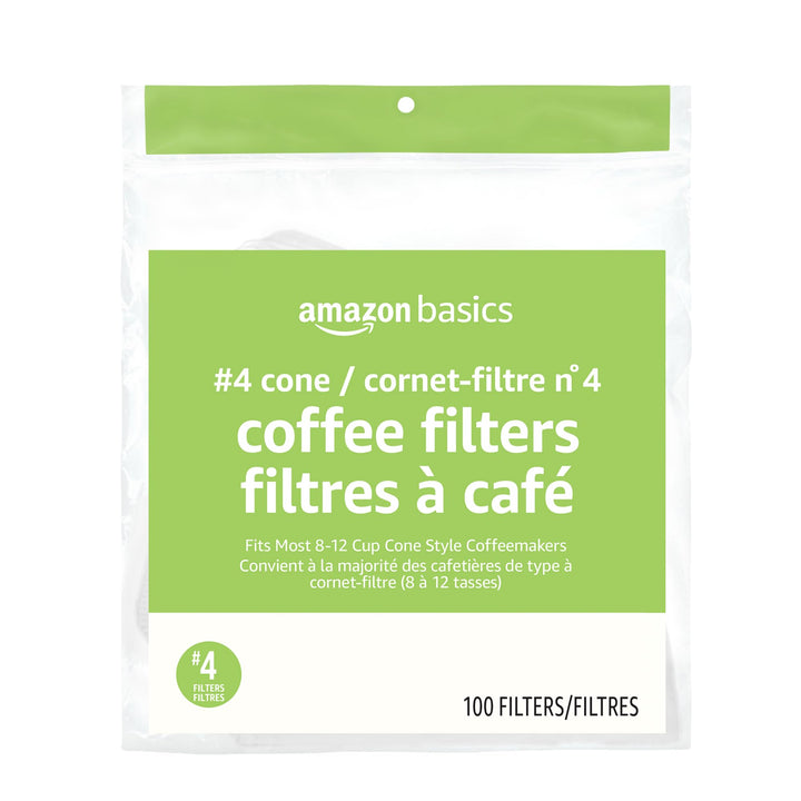 Amazon Basics Number 4 Cone Coffee Filters for 8-12 Cup Coffee Makers, White, 100 Count