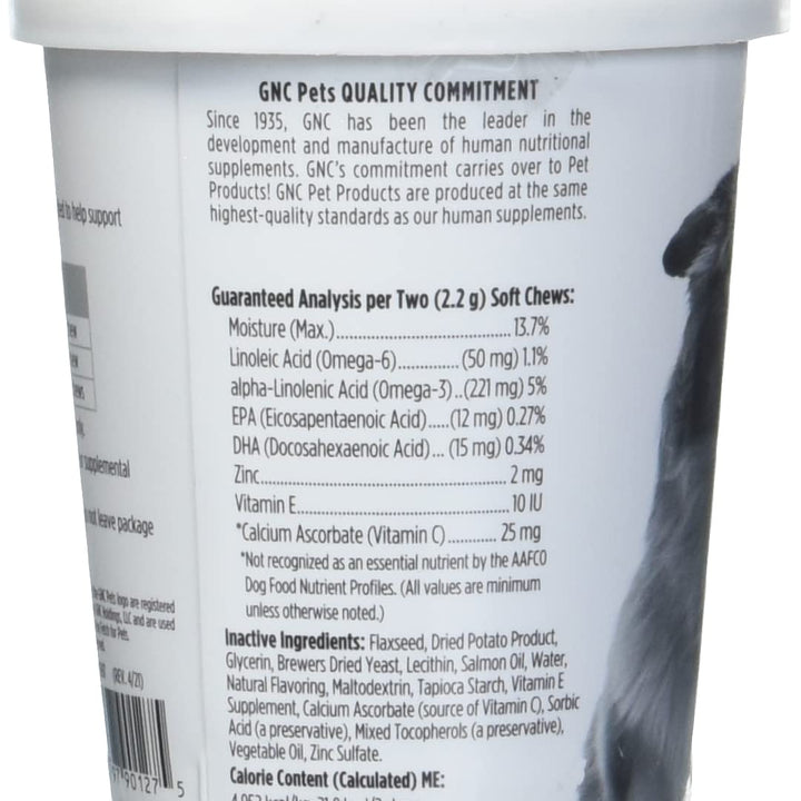 GNC Pets Essentials, Skin & Coat, All Dog 60ct 2.2g Soft Chews | Skin & Coat Soft Chews for Dogs in Bacon Flavor | Dog Supplement with Salmon Oil, Omega Fatty Acids, and EPA & DHA for Skin and Coats 60 Count (Pack of 1)
