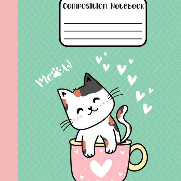 Wide Ruled Composition Notebook: Pastel Green and Pink Aesthetic Journal | Cute and Fun Kawaii Cat in a Cup | Back to School Supplies For Students