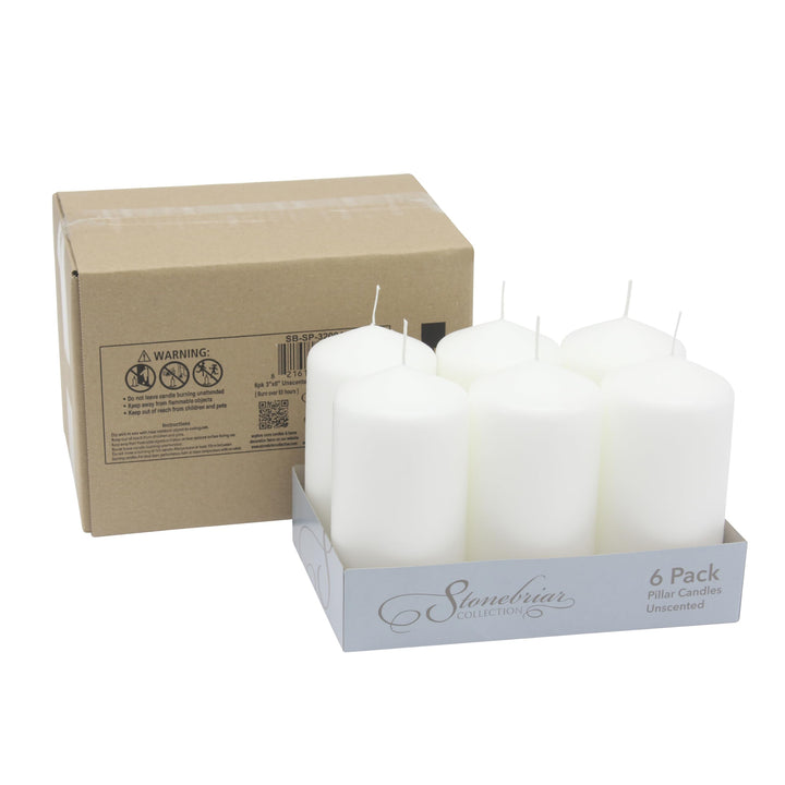 Stonebriar 3 Pack Tall 3 x 6 Inch 65 Hour Long Burning Unscented White Wax Pillar Candles 3x6 3.0