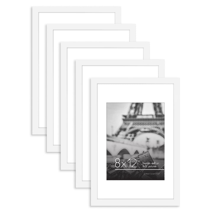 Americanflat 12x16 Picture Frame with Polished Plexiglass - Set of 5 - Use as 8.5x11 Frame with Mat or 12x16 Frame Without Mat - Galleria Collection - Gallery Wall Frame Set for Wall Display - White