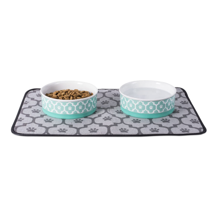 Bone Dry Lattice Pet Bowl, Removable Silicone Ring Creates Non-Slip Bottom for Secure Feeding & Less Mess, Microwave & Dishwasher Safe, Small Set, 4.25x2", Aqua, 2 Count Small Round (2)