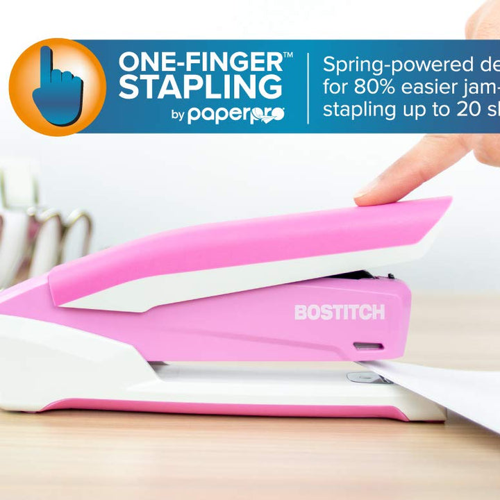 Bostitch Office InPower Spring-Powered Desktop Stapler, 20 Sheet Capacity, One Finger Stapling, Includes 210 Staples, Jam Free, Opens for Tacking, Breast Cancer Awareness Pink