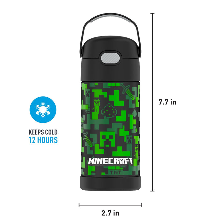 THERMOS FUNTAINER Water Bottle with Straw - 12 Ounce, Minecraft - Kids Stainless Steel Vacuum Insulated Water Bottle with Lid Licensed Characters