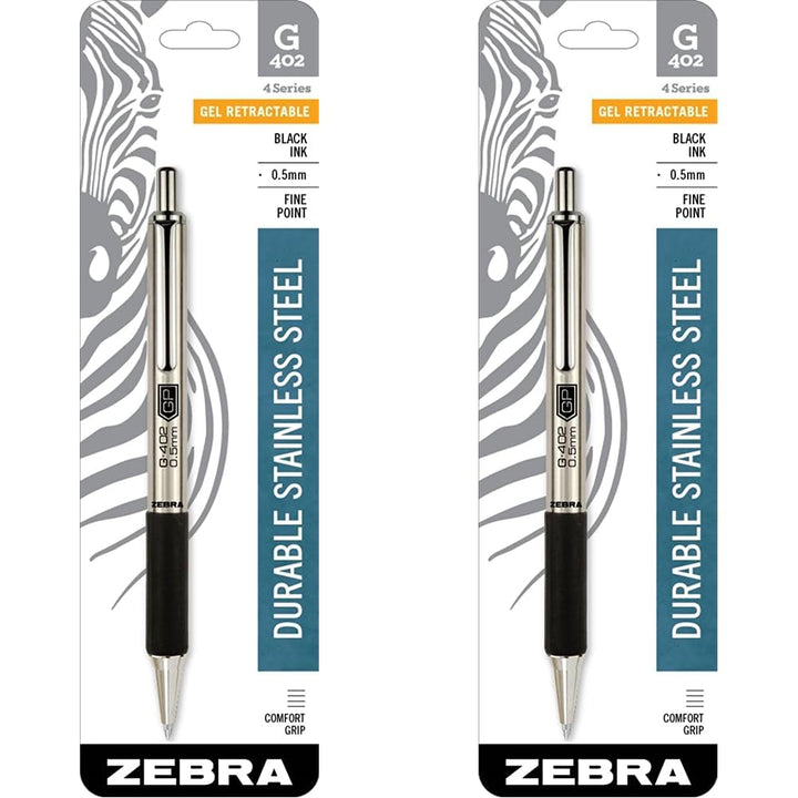 Zebra Pen G-402 Retractable Gel Pen, Stainless Steel Barrel, Fine Point, 0.5mm, Black Ink, 2-Pack 1 Count (Pack of 2)