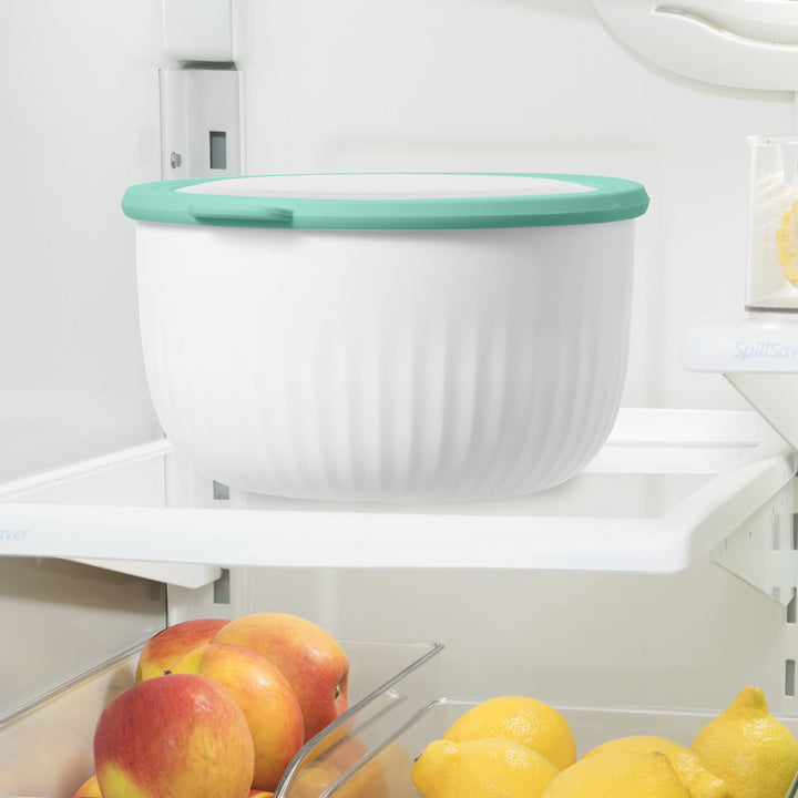 Oggi Prep, Store & Serve Plastic Bowl w/See-Thru Lid- Dishwasher, Microwave & Freezer Safe, (4 qt) White/Aqua 4 Quart Serve Bowl