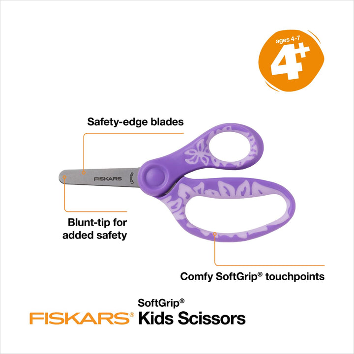 Fiskars 5" SoftGrip Blunt-Tip Scissors for Kids Ages 4-7 (3-Pack) - Scissors for School or Crafting - Back to School Supplies - Blue, Purple, Pink Designs 3 Pack-Blue, Purple, Pink