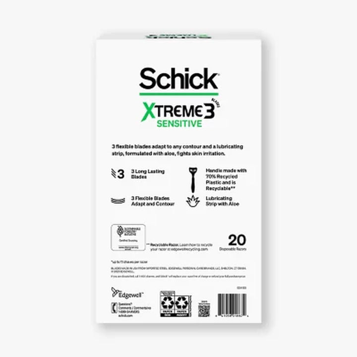 Schick Xtreme3 Sensitive Disposable Razors for Men, 20 Ct.