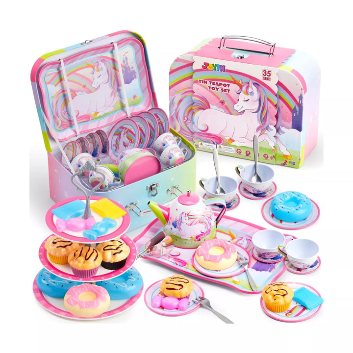 Syncfun 35Pcs Unicorn Tea Party Set for Gifts Kids Toddlers Age 3 4 5 6, Pretend Tin Teapot Set with Dessert, Doughnut, Carrying Case