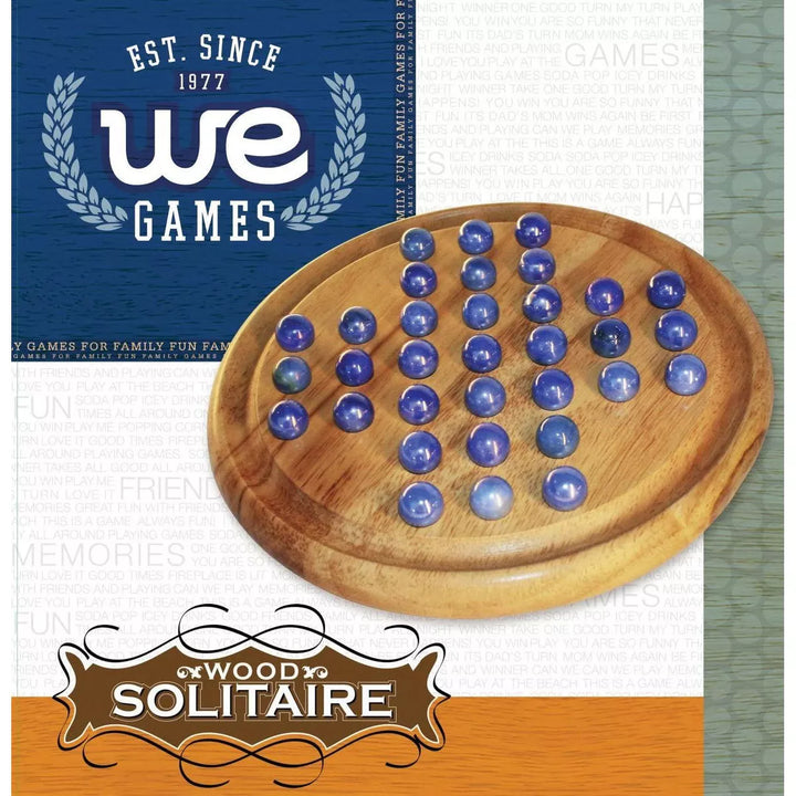 WE Games Solid Wood Solitaire with Blue Glass Marbles - 9 In. Diameter