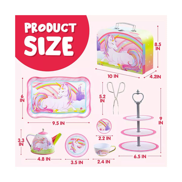 Syncfun 35Pcs Unicorn Tea Party Set for Gifts Kids Toddlers Age 3 4 5 6, Pretend Tin Teapot Set with Dessert, Doughnut, Carrying Case