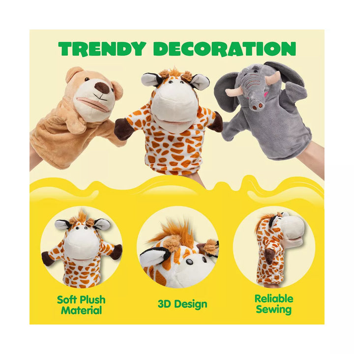 Syncfun 6Pcs Animal Friends Kids Hand Puppets 9X8In Toddler Animal Plush Toy Elephant, Giraffe, Lion, Bear, Raccoon Birthday Gifts