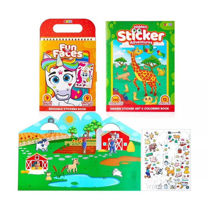 3Pcs Reusable Sticker Book-Make a Face Sticker Book, Farm Sticker Board. on the Go Travel Toy Activity Pad, Travel Activity Toys for Boys & Girls