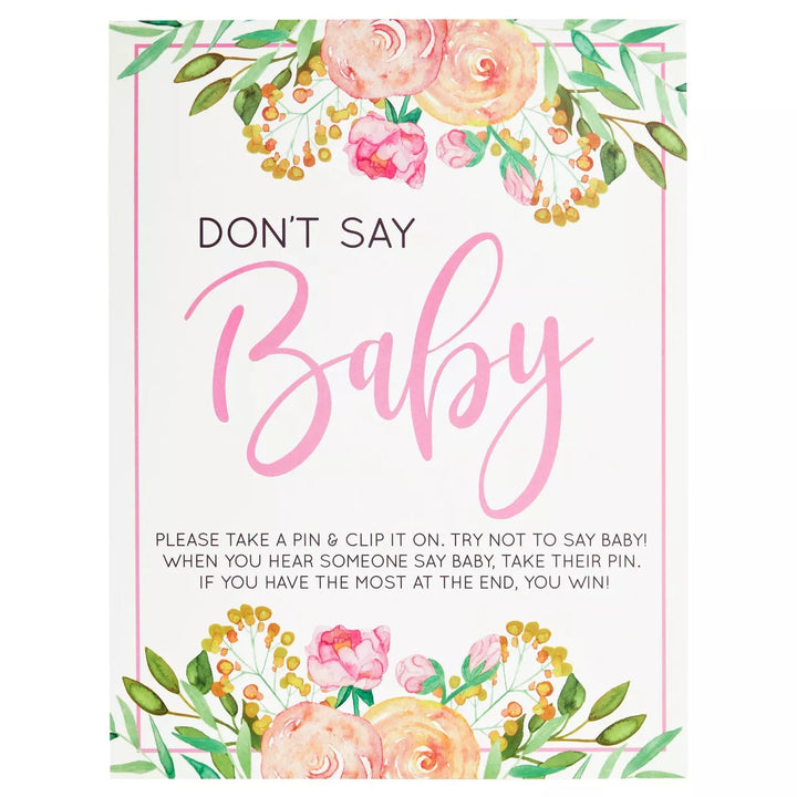 Sparkle and Bash Floral Baby Shower Clothespin Game for Girl, Don'T Say Baby Theme with 60 Pink Clothes Pins and 8X10-Inch Sign