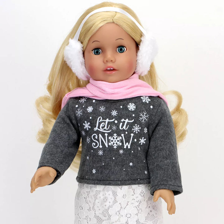 Sophia'S - 18" Doll - "Let It Snow" Sweater, Lace Skirt, Leggings, Earmuffs, Pocket Scarf & Ewe Boots - Grey/White/Pink