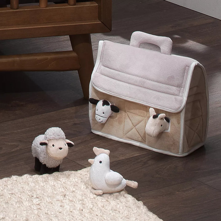 Lambs & Ivy Baby Farm Plush Barn with 4 Stuffed Animals Toy - Taupe/Gray/White