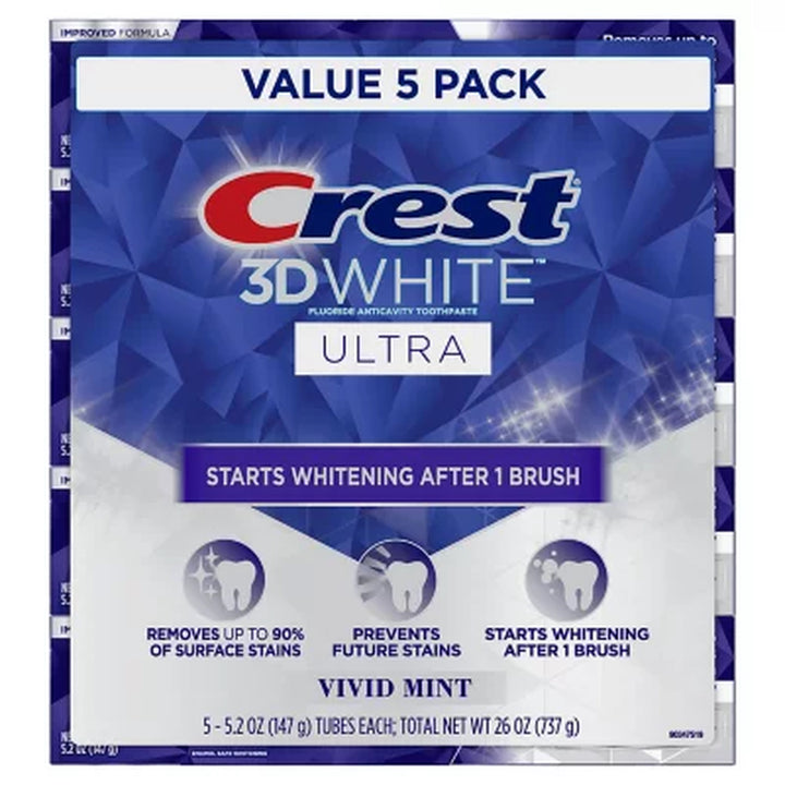 Crest 3D White Ultra Whitening Toothpaste, Vivid Mint, 5.2 Oz., 5 Pk.