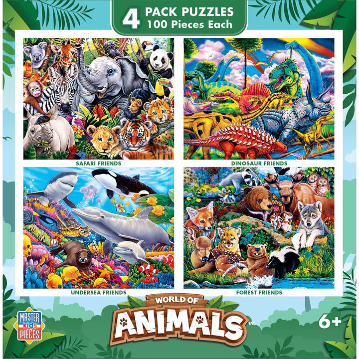 Masterpieces Kids Jigsaw Puzzle Set - World of Animals 4-Pack 100 Pieces