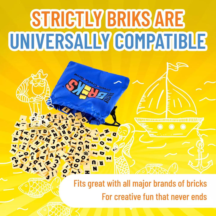 Strictly Briks Alphabriks, 200 Pieces, 1X1 Alphabet Letter Bricks with Drawstring Bag