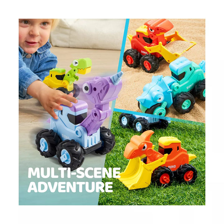 SYNCFUN Baby Toy Cars 4Pack Dinosaur Construction Vehicle Set Dinosaur Toys for 1 2 3 Year Old Boys Girls Kids - First Birthday Gifts for Toddler Toys