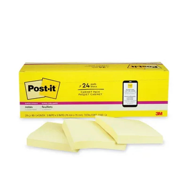 Post-It Notes Super Sticky Pads, 3" X 3", Canary Yellow, 24 Pads, 2,160 Total Sheets