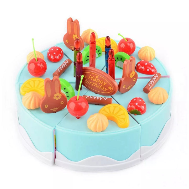 Insten 75 Piece Toy Birthday Fruit Decorate Cake, Pretend Desserts Play Food Playset, Blue