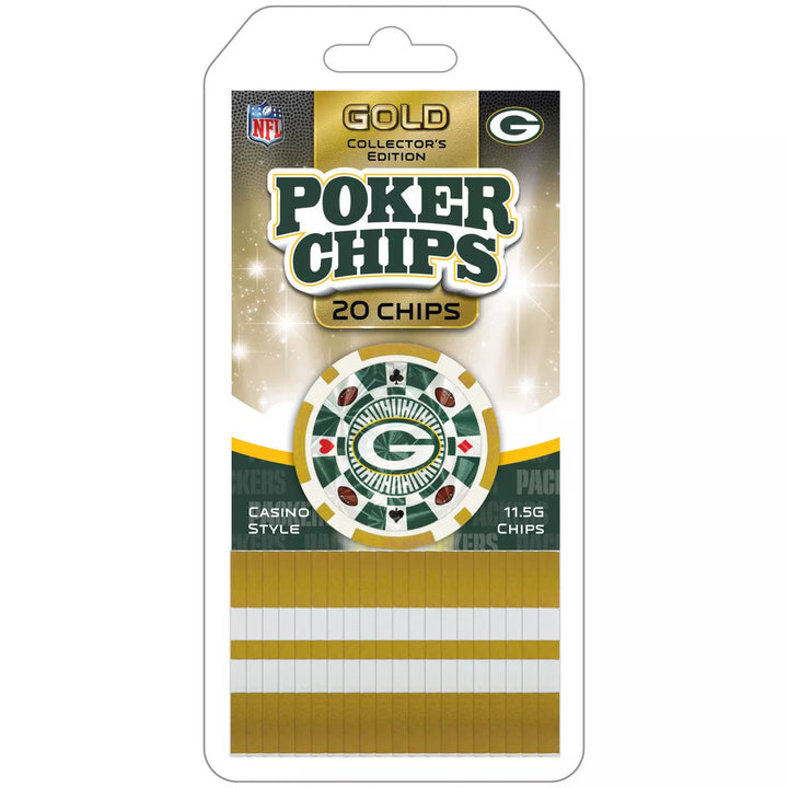 Masterpieces Casino Style 20 Piece 11.5 Gram Poker Chip Set NFL Green Bay Packers Gold Edition.