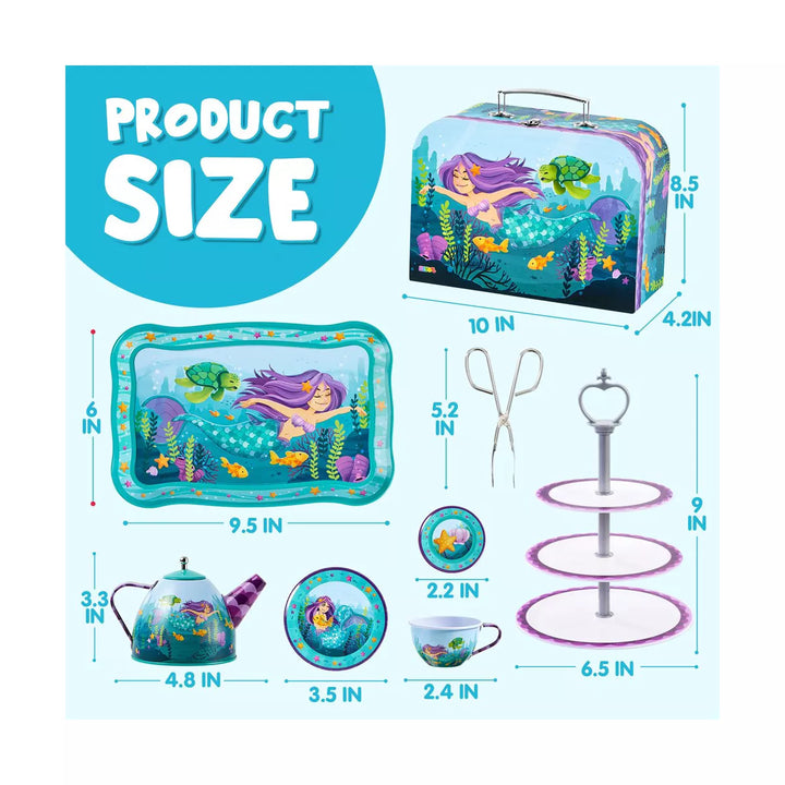 JOYIN 35Pcs Mermaid Tea Party Set for Little Girls, Pretend Tin Teapot Set for Birthday Easter Gifts Kids Toddlers Age 3 4 5 6