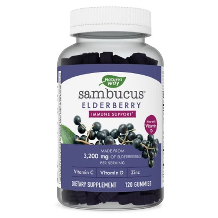 Nature’S Way Sambucus Immune Gummies, Elderberry, Vitamin C, Vitamin D3, Zinc, 120 Ct.